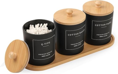 Badezimmer Organizer Set für Wattepads, Zahnseide Sticks und Haargummis mit Glas Behältern und Bambustablett