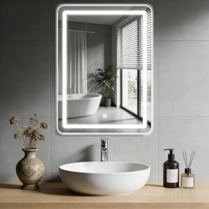 Badezimmer Wandspiegel mit LED Beleuchtung, Spiegel mit Touch Schalter und 3 Farben Dimmbar