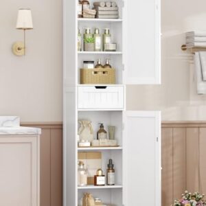 Badezimmerschrank mit 2 Türen und 1 Schublade, Hochschrank mit verstellbaren Regalen für Badezimmer, Wohnzimmer, Flur, Küche, 40x30x170 cm, Weiß