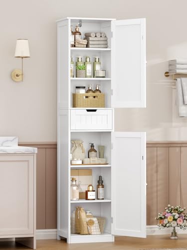 Badezimmerschrank mit 2 Türen und 1 Schublade, Hochschrank mit verstellbaren Regalen für Badezimmer, Wohnzimmer, Flur, Küche, 40x30x170 cm, Weiß