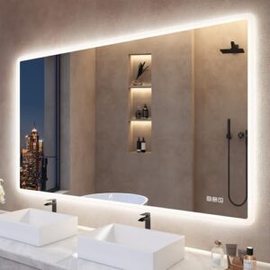 Badezimmerspiegel mit Beleuchtung, 140x80cm, LED-Badezimmerspiegel mit Licht, Bluetooth, Entfoggen, 3 Farben, Dimmbar, Speicherfunktion, gehärtetes Glas, IP44 Wasserdicht, Horizontal/Vertikal