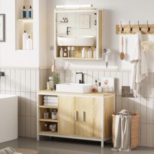 Modernes Badmöbel-Set aus Oak und Weiß für kleine Bäder, verstellbare Ablage und Beleuchtung