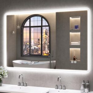 Badspiegel mit Beleuchtung 100x70cm für Badezimmer, Led-Licht, Anti-Beschlag-Funktion, 3 Farbtemperaturen, Dimm- und Speicherfunktion, gehärtetes Glas, IP44 wasserdicht