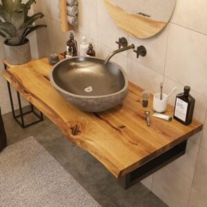 Holz Waschtischplatte mit rustikalem Design, massiv aus Eiche gefertigt, 65 cm lang und 35-40 cm breit