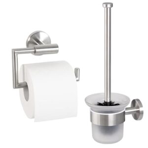 Badezimmer Zubehör-Set aus Edelstahl mit Toilettenpapierhalter und WC-Garnitur inkl. Ersatzbürstenkopf und Soft-Close-Funktion