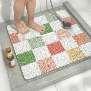 Duschmatte rutschfest 60x60 cm Quadratisch kariert, Schnelltrocknende Badezimmermatte & Schimmelresistente Duscheinlage aus PVC, Antirutsch Badematte für Dusche und Badewanne, Waschbar, Bunt kariert