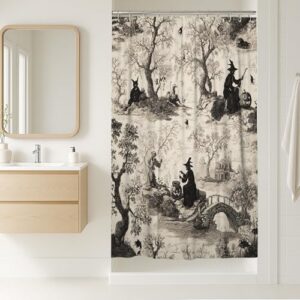 Duschvorhang mit Hexen-Motiv, schwarz-weiß, Halloween-Dekor, gruseliger Herbst, Vintage-Stil, wasserdichter Stoff, Badezimmer-Vorhang mit Haken