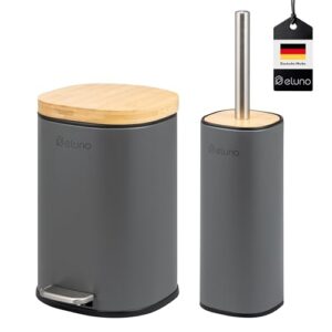 Badezimmer Zubehör Set FRAMURA 2-teilig, Kosmetikeimer mit Soft-Close Deckel und WC-Garnitur aus Metall mit Bambusdeckel in Grau