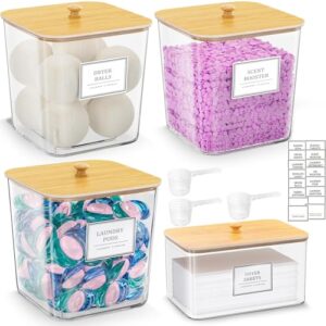 FUSHITON Aufbewahrungsbox für Waschpods, 3+1 Set klare Behälter mit Bambusdeckel für Waschmittel, Duftperlen & Trocknertücher