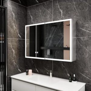 Gunuss Spiegelschrank Bad mit Beleuchtung 80x60, LED Badspiegel mit Ablage und Touch-Schalter für modernes Badezimmer