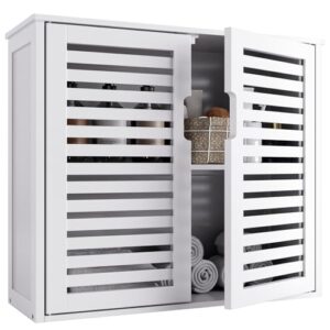White Bambus Hängeschrank im Badezimmer, Wandmontage mit verstellbaren Regalen und Magnetverschluss