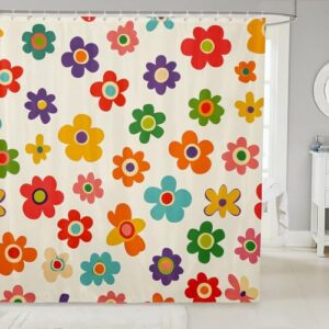 Retro-Blumen-Duschvorhang, 180x200cm groß, wasserdicht, mit 12 Haken, groovy Vintage Hippie Funky 70er Jahre Sonnenblumen Bunte Blumen Badezimmer Dekor