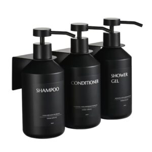 Janxin 3 Stück Seifenspender Wandbefestigung, 500ml Shampoo Flaschen zum Befüllen, Duschgel Spender, Seifenspender Schwarz Ohne Bohren für Kitchen und Bathroom
