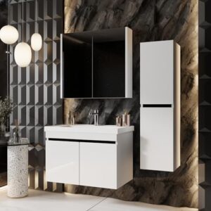 KAREN banyo Badmöbel Weiß | Badmöbelset mit Waschbecken | Waschtisch mit Unterschrank | Keramikwaschbecken | Spiegelschrank | Unterschrank | Badkombination 3er Set (Venus 80)
