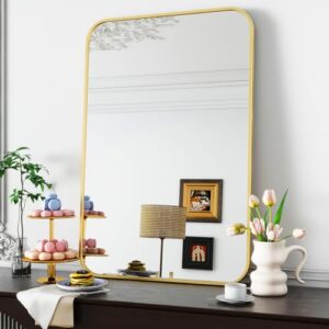 Koonmi Wandspiegel Gold, 66x96 cm Badezimmerspiegel mit runder Ecke und Aluminiumlegierung Rahmen, für Wand montiert horizontal oder vertikal, Gold