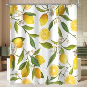 Lerores Duschvorhang 180x200cm Zitrone Blatt, Beschwerter Saum Saum Antischimmel, Wasserabweisend, Waschbar Polyester Badevorhänge mit 12 Ösen und Duschvorhangringen für Badezimmer