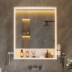 Badschrank mit Steckdose, Touch-Sensor und 3 dimmbaren Lichtfarben in Weiß