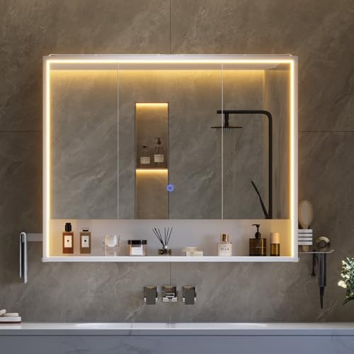 Mojoasional 3-türiger Badspiegelschrank mit LED-Beleuchtung, Steckdose und Touch-Sensor. Der perfekte Spiegelschrank für Ihr Badezimmer.
