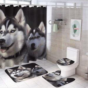 Duschvorhang Set mit Husky Motiv, rutschfester Teppich und Badematte für ein sichereres Badezimmer