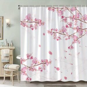 TYHKXAI Duschvorhang mit rosa Kirschblütenmuster, wasserdicht, aus Polyestergewebe für Badezimmer und Badewannenabtrennung