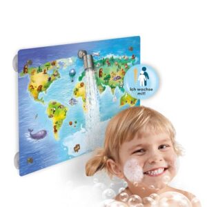 Kinder-Dusche mit Weltkarte-Motiv, Wasserabenteuer für Kinder ab 1 Jahr, Montage ohne Bohren, inklusive Set: Saugnäpfe, Schaltventil, Schlauch und Ringe