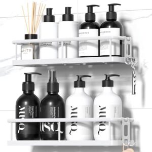 Duschrinne ohne Bohren, 2 Stück Rostfreie Badezimmer Organizer, Schnelltrocknender Duschregal Ohne Bohren für Badezimmer mit Große Kapazität Shampoo Halterung und 2 Haken in Weiß