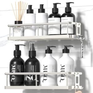 Hochwertiges, rostfreies Metall-Duschregal ohne Bohren für das Badezimmer. Zwei große Duschablagen und zwei abnehmbare Haken für Shampoo, Duschgel, Rasierer und andere Notwendigkeiten.