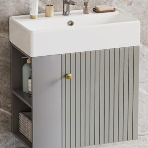 Yorbay-Waschbecken mit Unterschrank in Grau für kleine Bäder, modernes Hängend-Badmöbel-Set mit Keramik Waschtisch und Wandmontage für Gäste WC
