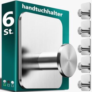 Badezimmer-Handtuchhalter aus Edelstahl, Silberfarbe, 6 Stück, ohne Bohren, selbstklebend, wasserfest, moderne Haken für Bad und WC