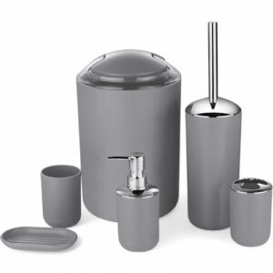 Badezimmer Zubehör Set mit Seifenspender, Zahnputzbecher und Kosmetikeimer in Grau Design