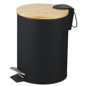 Kosmetikeimer mit Pedal, 3 Litern Fassungsvermögen, schwarze Oberfläche, natürliches Bambus-Design, hygienische Öffnung, Ø16,8 x 23 cm, lackierter Edelstahl, runder Badeimer mit Deckel