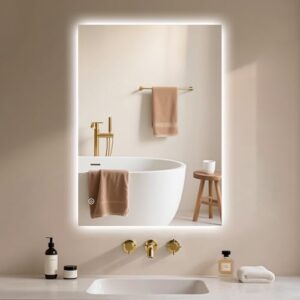 Badezimmerspiegel mit LED-Beleuchtung, moderner Design und hochwertige LED-Streifen, 3 Lichtfarben, Dimmbar und speicherfunktion