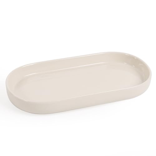 Badezimmer Tablett, Keramik Deko Ablageschale, Oval Tablett für Toilette und Waschtisch, Badewanne und Küchenspüle, Cremeweiß
