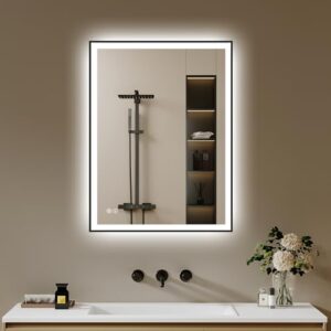 Badspiegel mit integrierter LED-Beleuchtung, 40x60 cm groß, Beschlagfrei und Dimmbar, 3 Lichtfarben, metallener Rahmen, ideal für Badezimmer