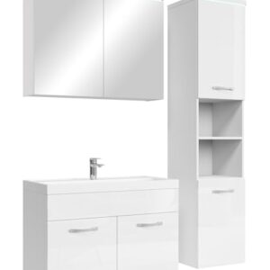 Badezimmer-Set mit Waschbecken, Spiegelschrank und Hochschrank in Weiss, perfekt für ein aufgeräumtes Badezimmer