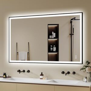 Moderner Badspiegel mit LED-Beleuchtung, 100x70 cm, Beschlagfrei, Dimmbar, 3 Lichtfarben, Led-Spiegel-Bad, Schwarz, Metallrahmen, Horizontal/Vertikal