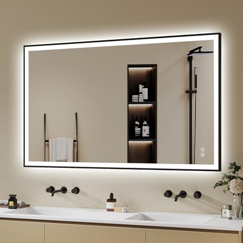 Moderner Badspiegel mit LED-Beleuchtung, 100x70 cm, Beschlagfrei, Dimmbar, 3 Lichtfarben, Led-Spiegel-Bad, Schwarz, Metallrahmen, Horizontal/Vertikal