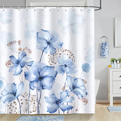 Blaue Blumen Duschvorhänge für Badzimmer, 180 x 180 cm, Anti-Schimmel, Wasserdicht, Polyester Stoff, Waschbar