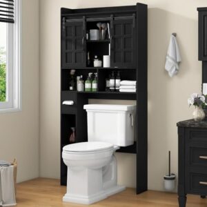 Schwarzer Waschmaschinen-Überbauschrank für Bad und Waschraum mit drei Regalen und stabilen Konstruktion. Platzsparendes Design mit großem Durchgang für Standard-Toiletten und Waschmaschinen.