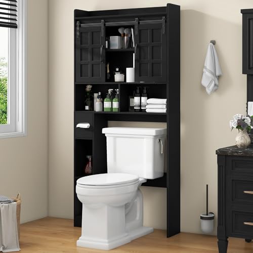 Schwarzer Waschmaschinen-Überbauschrank für Bad und Waschraum mit drei Regalen und stabilen Konstruktion. Platzsparendes Design mit großem Durchgang für Standard-Toiletten und Waschmaschinen.