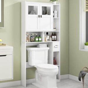 BonVache Waschmaschinenschrank Weiss mit Glastüren und Schubfach - multifunktionaler Überbauschrank für Badezimmer und Waschräume im modernen Stil