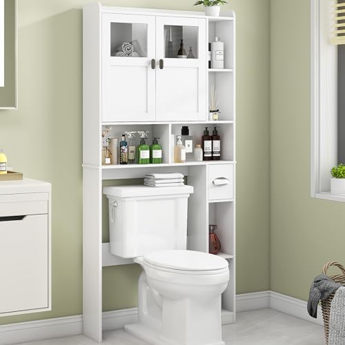 BonVache Waschmaschinenschrank Weiss mit Glastüren und Schubfach - multifunktionaler Überbauschrank für Badezimmer und Waschräume im modernen Stil