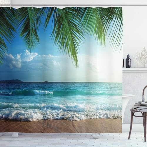 Wasserdichter Duschvorhang mit Tropischen Palmen am Meer Motiv, ideal für Badezimmer und Strandatmosphäre