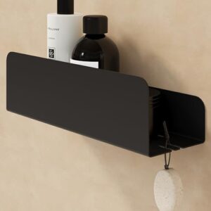 Edelstahl Duschregal mit Ablaufrillen, Duschkorb zum Kleben, Badregal Selbstklebend und Shampoo Halterung Dusche & 2 Haken in Schwarz Matt ohne Bohren
