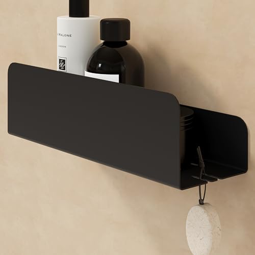 Edelstahl Duschregal mit Ablaufrillen, Duschkorb zum Kleben, Badregal Selbstklebend und Shampoo Halterung Dusche & 2 Haken in Schwarz Matt ohne Bohren