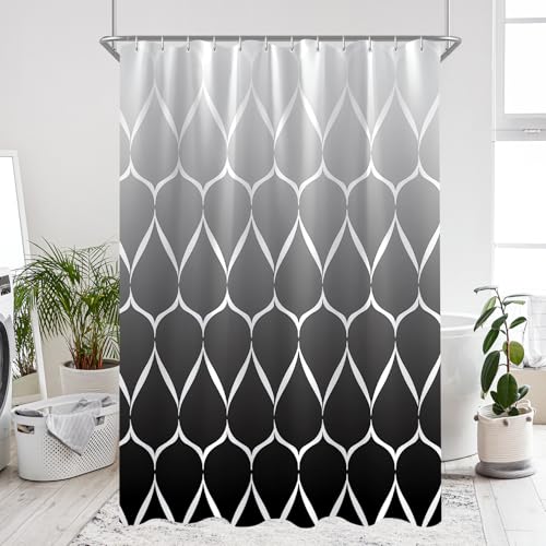 Duschvorhang 120x200 cm Gradient Schwarz Wassertropfen, Beschwerter Saum Antischimmel Textil, Wasserabweisend, Waschbar Polyester Stoff Badevorhänge für Badezimmer, Badewanne mit 8 Duschvorhangringe