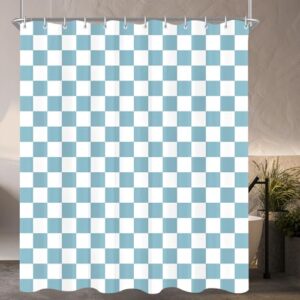 Blauer Duschvorhang mit geometrischen Quadrate-Muster, wasserabweisend und antischimmelaktiv. Ideal für Badezimmer und Badewannen.