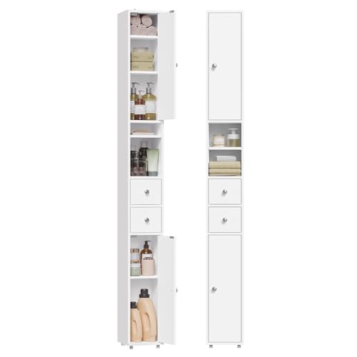 Schlanker Badschrank mit verstellbaren Ablagen und offenen Fächern in modernem Weiß für kleine Räume. EUGAD Badezimmer-Aufbewahrungsschrank.