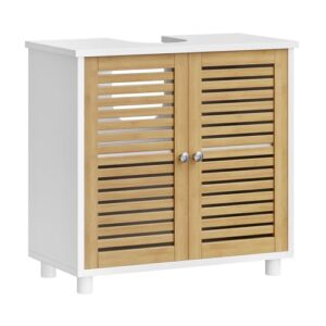 Badezimmerschrank mit Bambustüren, Waschbeckenunterschrank mit Stauraum und höhenverstellaer Ablage, weißes Design für das Badezimmer