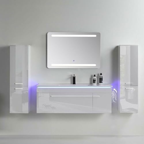 Moderne Badmöbel mit Eckspiegel und zwei Seitenschränken in Weiß, perfekt für das Badezimmer